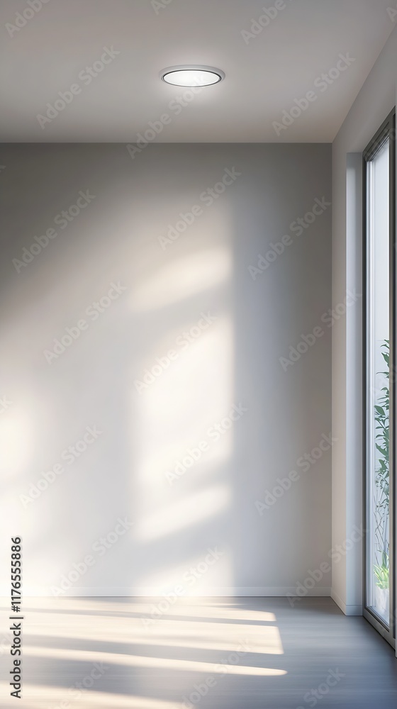 Poster Bright modern room with sunlight streaming through large windows and minimalist decor : Generative AI