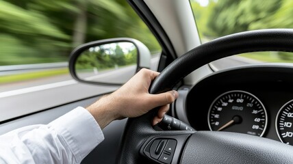 A close-up of a hand gripping a steering wheel while driving on a blurred, green-lined road, emphasizing speed and focus.