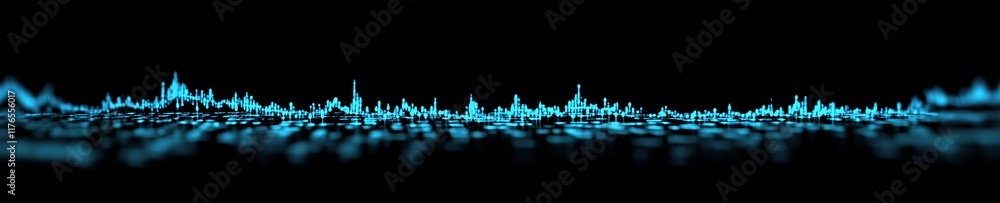 Poster dynamic digital soundwave pattern in blue over black for tech art : generative ai