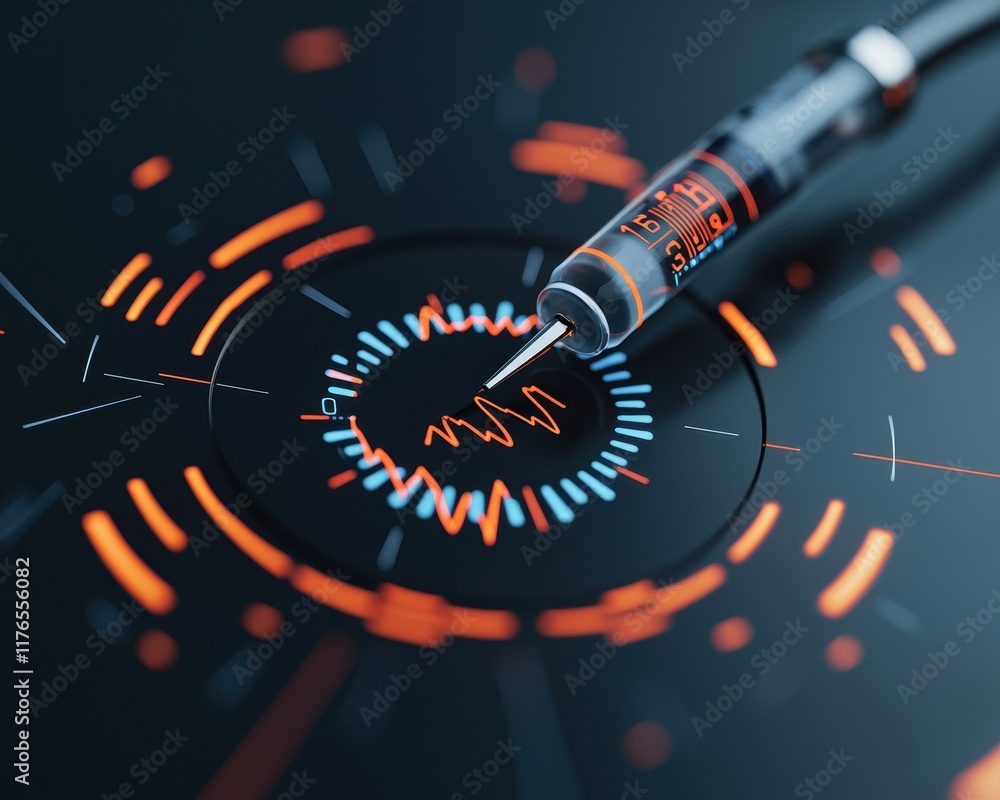 Poster a futuristic syringe is positioned on a dark background featuring vibrant circular patterns in orang
