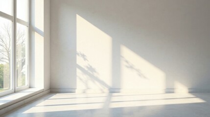 Fototapeta premium Sunlight Illuminates an Empty Room with a Large Window, Casting Soft Shadows on the Walls and Floor, Creating a Serene and Minimalist Atmosphere