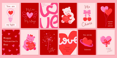 Happy Valentine's day cards set. Cartoon cute art design with hearts, bear, lettering. Bright colorful romantic design. Holiday romantic cards, invitations,  covers, post, message template. © olechkaart