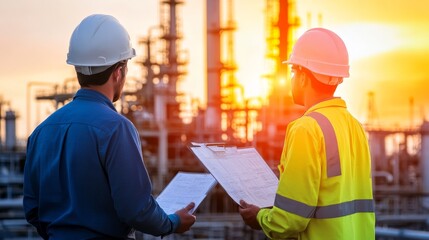 Two workers in hard hats examine documents against an industrial backdrop at sunset.