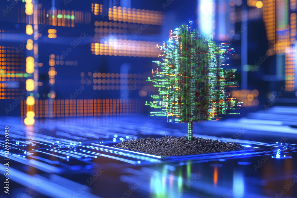 Poster digital tree made of circuit patterns symbolizes technology and nature. vibrant colors and intricate