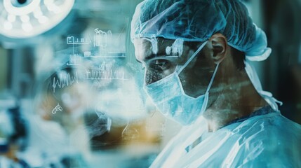 Double exposure of a doctor shown in mixed views (side, front) with an overlay of surgical tools and medical icons.