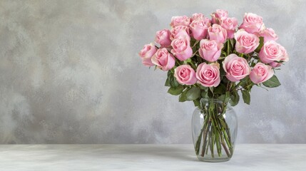 Elegant pink roses bouquet in glass vase on table home decor