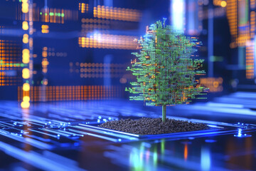 digital tree made of circuit patterns symbolizes technology and nature. vibrant colors and intricate design highlight fusion of innovation and environmental awareness