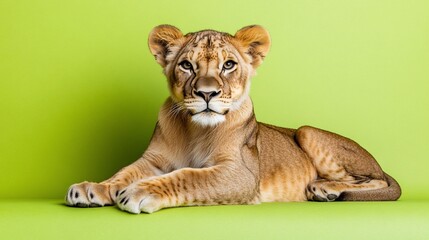 Obraz premium Lion Cub Posing Green Background Studio Shot