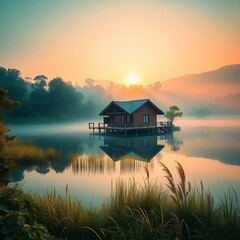 Fototapeta premium warm terracotta and cool teal tones, ethereal spiritual vibe, eco-friendly bungalow perched on a tranquil lake, lush greenery, morning sun casting a golden glow, dreamlike atmosphere 