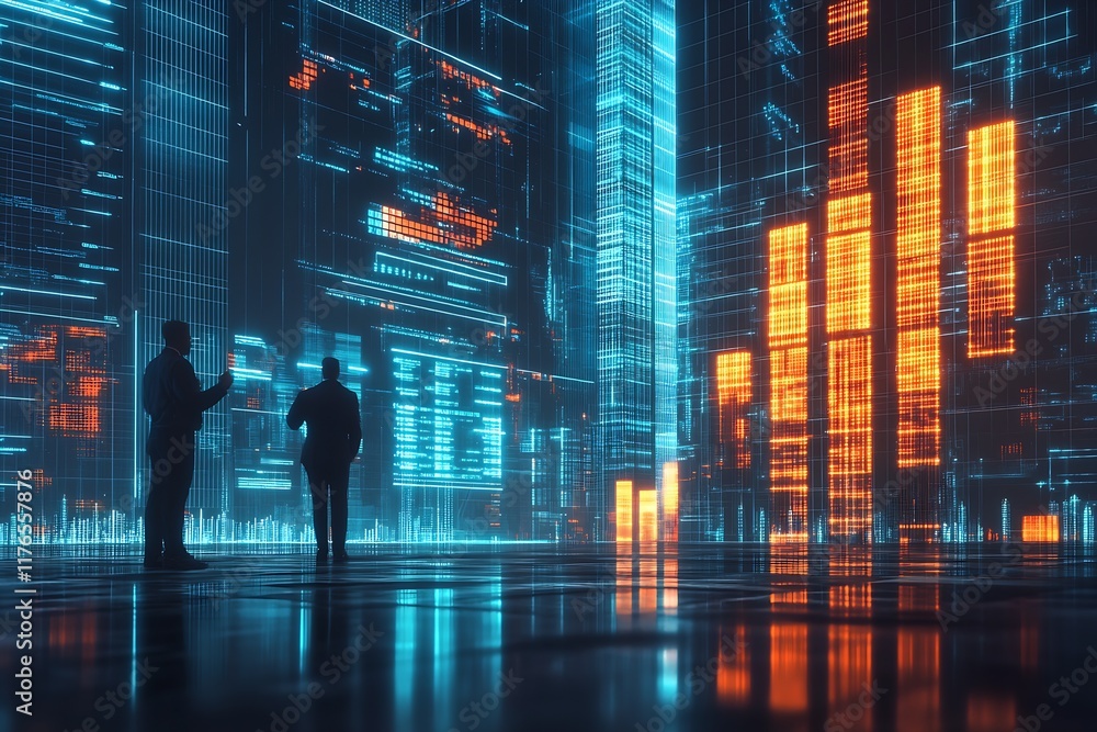 Aufkleber futuristic businessmen analyzing data in high tech digital cityscape : generative ai