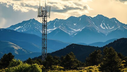 Obraz premium Mountain Landscape with Telecommunications Tower at Sunset for Connectivity and Nature : Generative AI