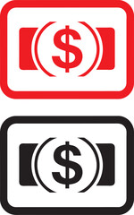 Simple icon designs, dollar sign, rectangular frames, red and black colors, minimalist graphics, currency symbols, financial concept, bold outlines, symmetrical composition, negative space, flat desig