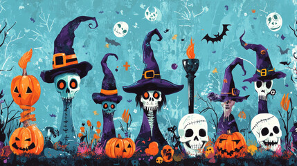 Kids height chart, Halloween witch and wizard hats, vector growth meter. Child height measuring scale or baby tall ruler with Halloween witch or sorcerer hats with skull, stars and zombie eyeball