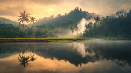 Fototapeta premium Misty sunrise over tranquil lake reflecting lush green hills and palm trees.