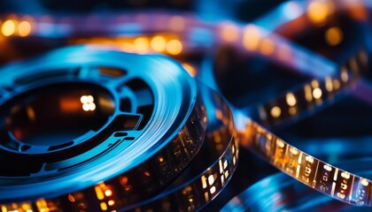 Close-Up of Vintage Film Reels with Cinematic Lighting