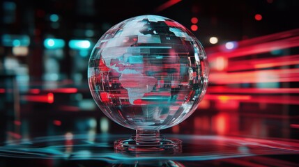 Glass globe with digital world map, futuristic setting.