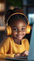 Happy Girl Child Using Laptop with Headphones