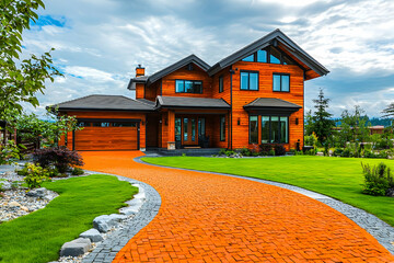 Beautiful two-story home with orange brick driveway, wood finishes, and lush front lawn, perfect for summer living.