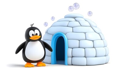 Cute Cartoon Penguin Standing Next to an Igloo with Bubbles