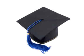 Black Graduation Cap with Blue Tassel Symbolizing Academic Achievement on Transparent Background