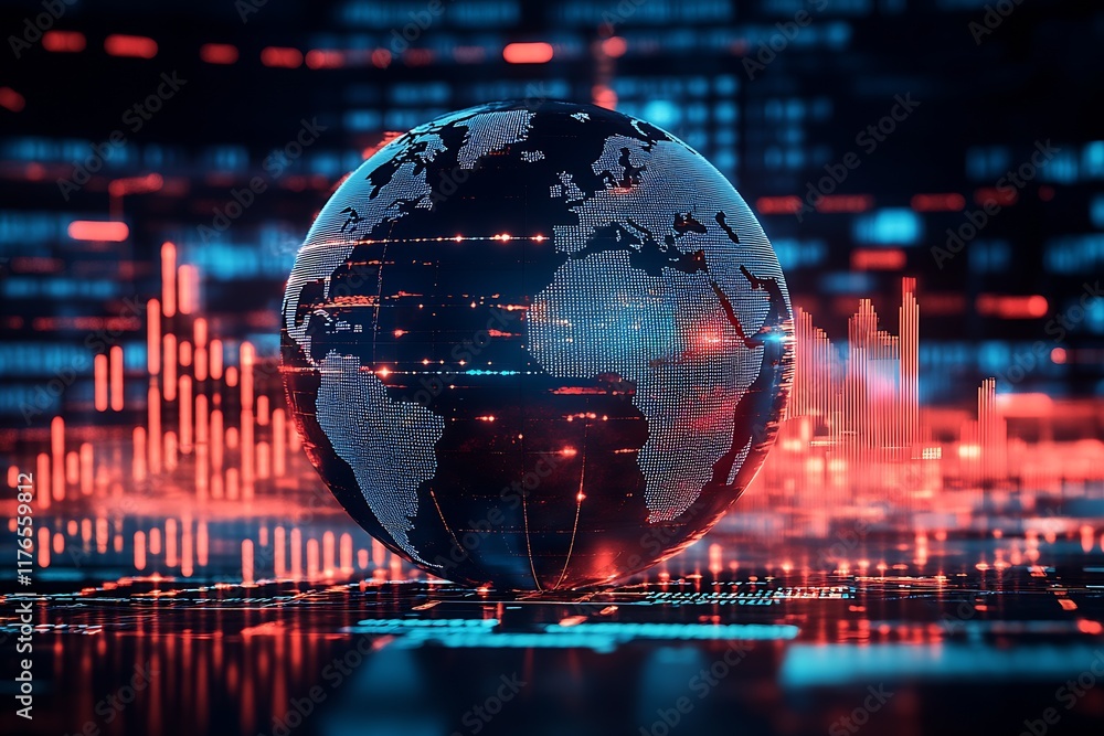 Poster Futuristic Global Data Technology Background with Red Graphs and Map : Generative AI