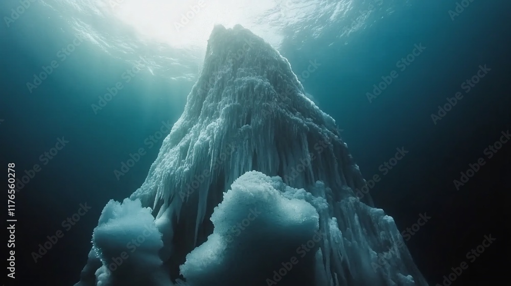 Poster underwater view of an ice formation, showcasing its towering structure in a serene environment.