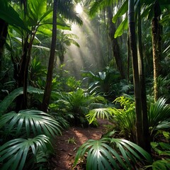 Naklejka premium Tropical Biodiversity: Livistona chinensis Palms in a Lush Rainforest Canopy