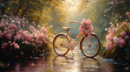 Fototapeta premium Romantic bicycle, flowers, stream, idyllic setting.