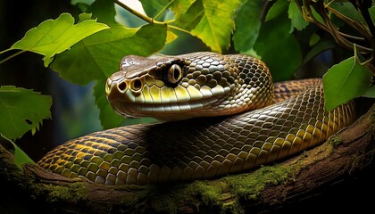 Obraz premium snake shedding its skin under a canopy of leaves-
