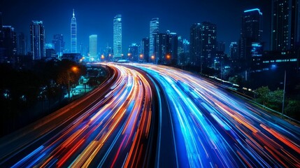 Fototapeta premium Night cityscape, vibrant highway light trails.