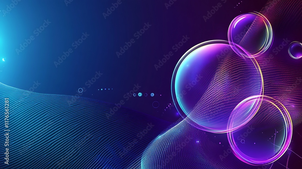 Poster abstract colorful bubbles floating in a digital wave