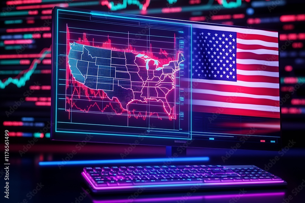 Aufkleber Advanced Data Visualization on Digital Display Featuring USA Map and Financial Indicators : Generative AI