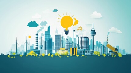 Obraz premium Bright idea above cityscape; clean energy, urban innovation.