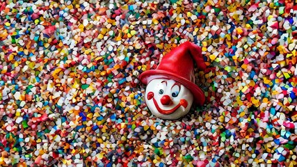 Colorful confetti scattered with a cheerful clown face on a festive background during a celebration. April Fools Day concept 