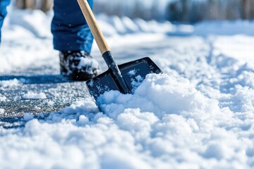 Person Shoveling Fresh Snow on a Sunny Winter Day Outdoors