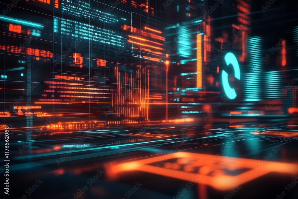 Poster High-Tech Digital Scape Featuring Red and Blue Technology Interfacing Elements : Generative AI