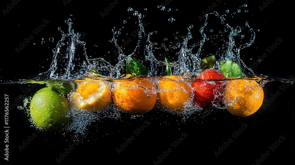 Aufkleber fresh fruits splashing into water, creating dynamic and vibrant visuals.