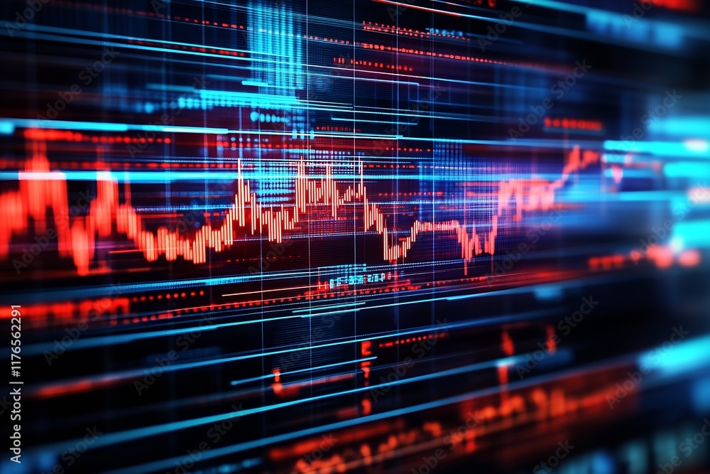 Poster Dynamic Abstract Financial Graph Showing Stock Market Data with Vibrant Colors and Visual Complexity : Generative AI