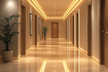 Obraz premium Chic Hotel Corridor with Contemporary Design and Ambient Glow : Generative AI
