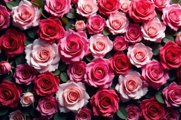 Naklejka premium Vibrant rose wall, lush blooms, romantic backdrop, blossom, event, close-up