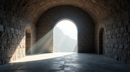 Fototapeta premium Stone Archway Passage Leading to Mountain Vista with Sunbeams Illuminating the Pathway