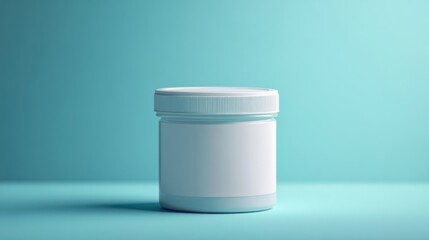 a white jar with a white lid on a blue surface