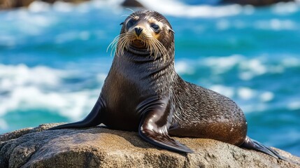 Fototapeta premium A sea lion lounging on a rock by the ocean waves.