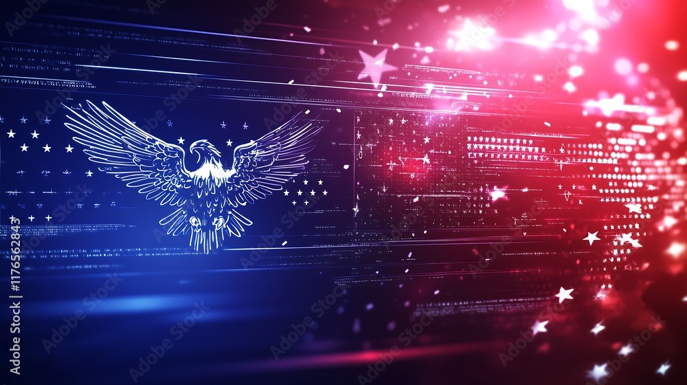 Poster artistic digital eagle illustration with red and blue futuristic design and star elements : generati