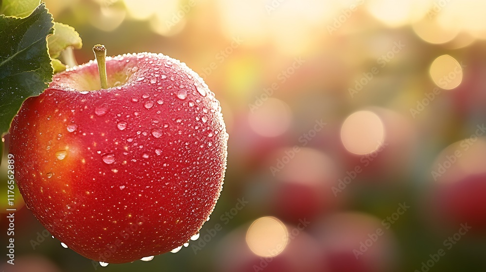 Poster red apple with water droplets on tree in golden mornings : generative ai