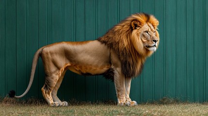 Obraz premium Majestic lion, profile view, green wall, enclosure