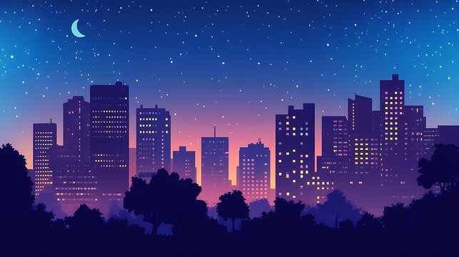 Night Cityscape A Serene and Stylish Vector Illustration Perfect for Wallpaper,Website Banners,or Any Urban Themed Design Project