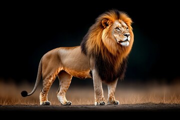 Obraz premium Majestic lion, savanna grassland, dark background, wildlife photography, nature