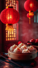 Steaming Dumplings in Bamboo Steamer  Chinese Lanterns