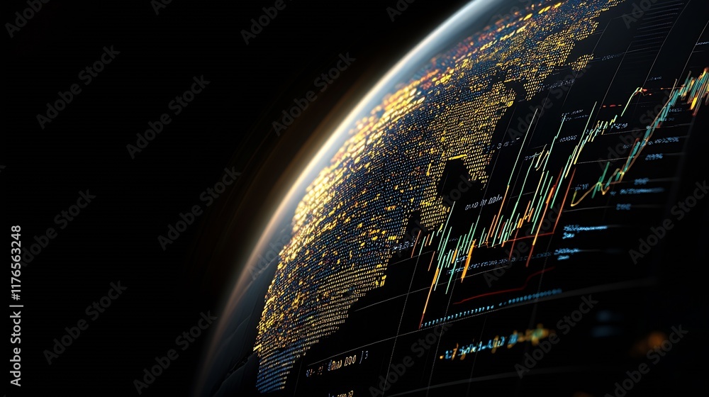 Poster global economy and stock market trends visualization with digital map : generative ai